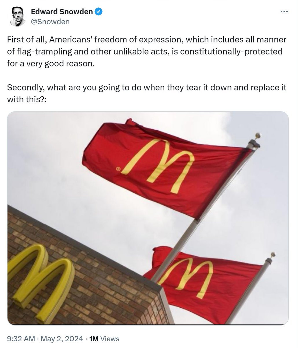 _TOBTC's tweet photo. #Snowden goes after #Bitcoin devs, Elon #Musk and puppy killers in X flurry :
His commentary touched on the #zkSnacks shutdown, free speech and the proper treatment of farm animals.
Edward Snowden, a former contractor for the United States National Security Agency accused of espionage after leaking classified information, had a busy day on the X social media app on May 2, when he seemed to have a modicum of vitriol for everyone from the current governor of South Dakota to the world’s richest person.
Snowden, an outspoken whistleblower who lived in asylum in Russia until 2022, when he was granted full citizenship in the country, has risen to media prominence in the wake of his whistleblower incident. Currently, he holds celebrity status, especially among some technology-based communities, and is well known for speaking out on topics he considers related to freedom and privacy.
Elon Musk
Another celebrity technologist who’s known for speaking out on issues related to freedom, Elon Musk, was among those who drew the ire of Snowden during his May 2 tirade. After Musk posted a poll asking whether someone who “tears down the American flag and puts up another flag in its place” should be deported to the country whose flag they raised, Snowden chastised the billionaire with a lesson on freedom of expression.
#Bitcoin #BTC #Crypto #LQR #LaqiraProtocol