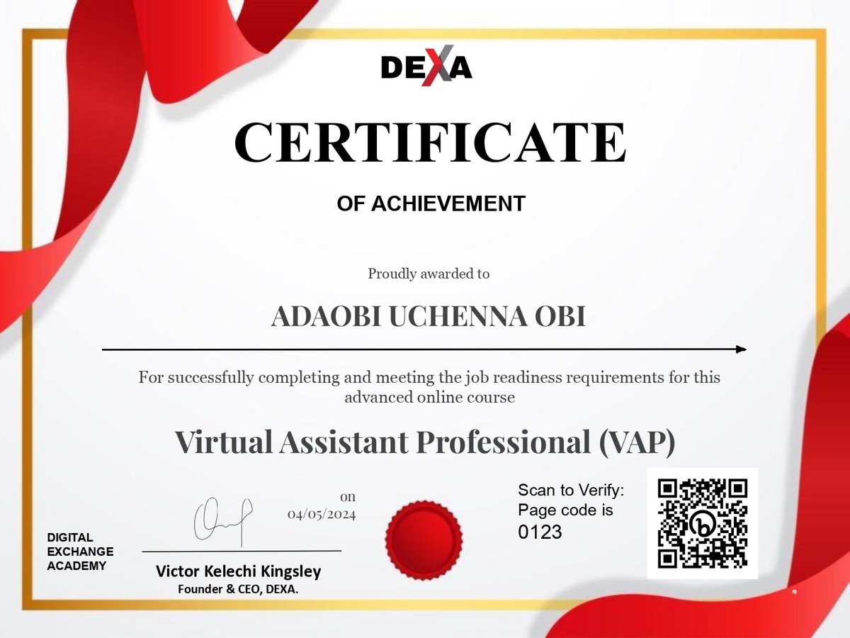 🎉 Excited to announce I've earned my Virtual Assistant Certificate from DEXA! 🥳👩‍💻
It's been an incredible journey of learning and growth💪with Digital Exchange Academy - DEXA
@ErinBoothVA 
@leanlailacaba
@DEXAcademy
#Learnwithdexa 
#VirtualAssistant 
#ProfessionalDevelopment