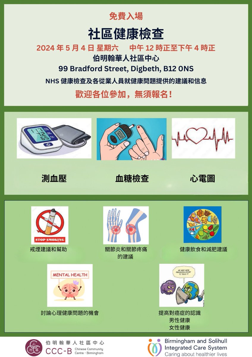 社區健康檢查 日期：2024年5月4日 週六 時間：中午12點-4點 地點：伯明翰華人社區中心 中心很榮幸邀請到NHS的專業醫療團隊，為華人社群供免費的體檢和健康諮詢,歡迎大家及邀請朋友參加。 除了常規的身體檢查，NHS還為大家提供了一些很難在GP家庭醫生直接預約到的體檢項目，如心電圖，血糖檢測。