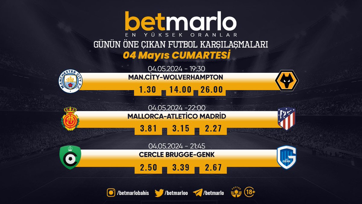 🏆 Günün öne çıkan futbol karşılaşmaları en yüksek oranlarla 𝗕𝗲𝘁𝗺𝗮𝗿𝗹𝗼'da kazanmak isteyenleri bekliyor!

Betmarlo Giriş 👉🏻 redmarlo.com/betmarlo