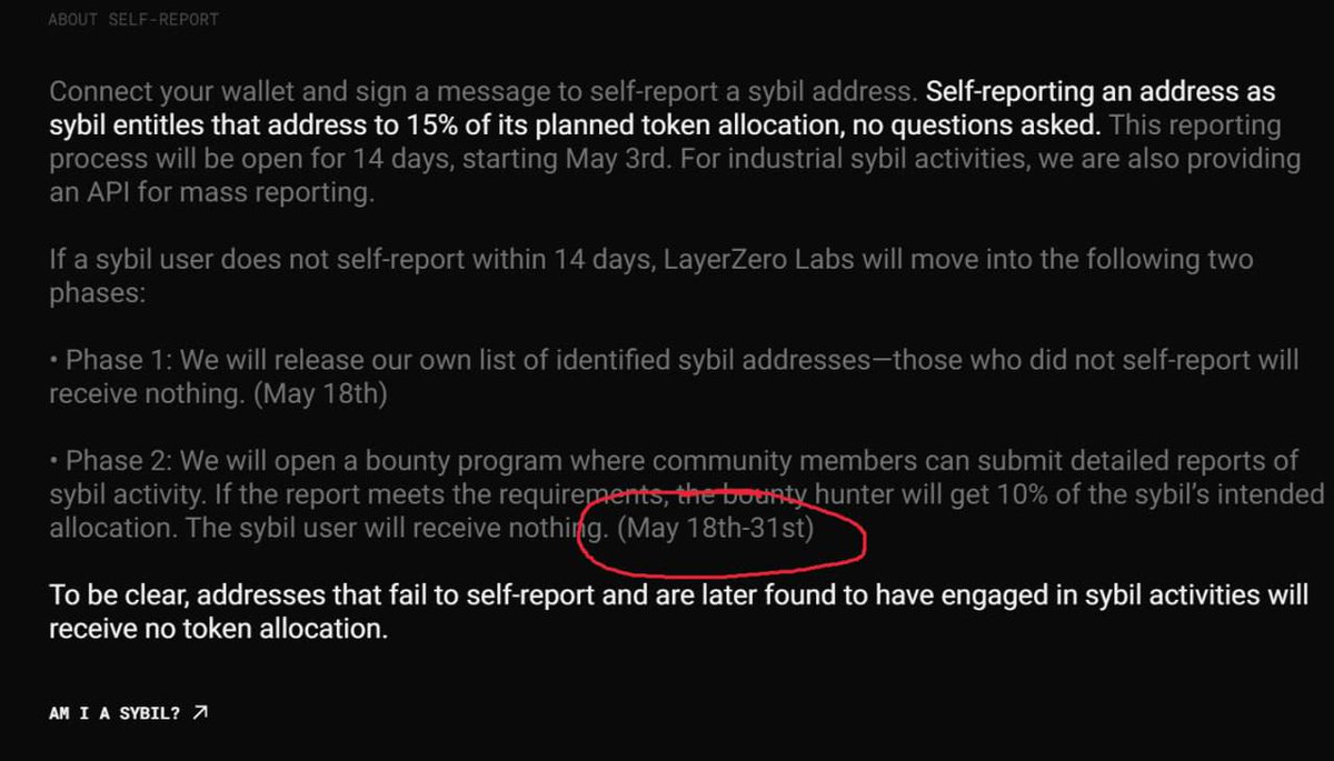 LayerZero surprises! 😲 The project has launched an anti-sybil system, where you can submit your multi-accounts and get a 15% drop. They're likely to launch not in May, but in June, as the bounty campaign is still ongoing. Screenshot attached. #LayerZero #CryptoNews #cryptodrop