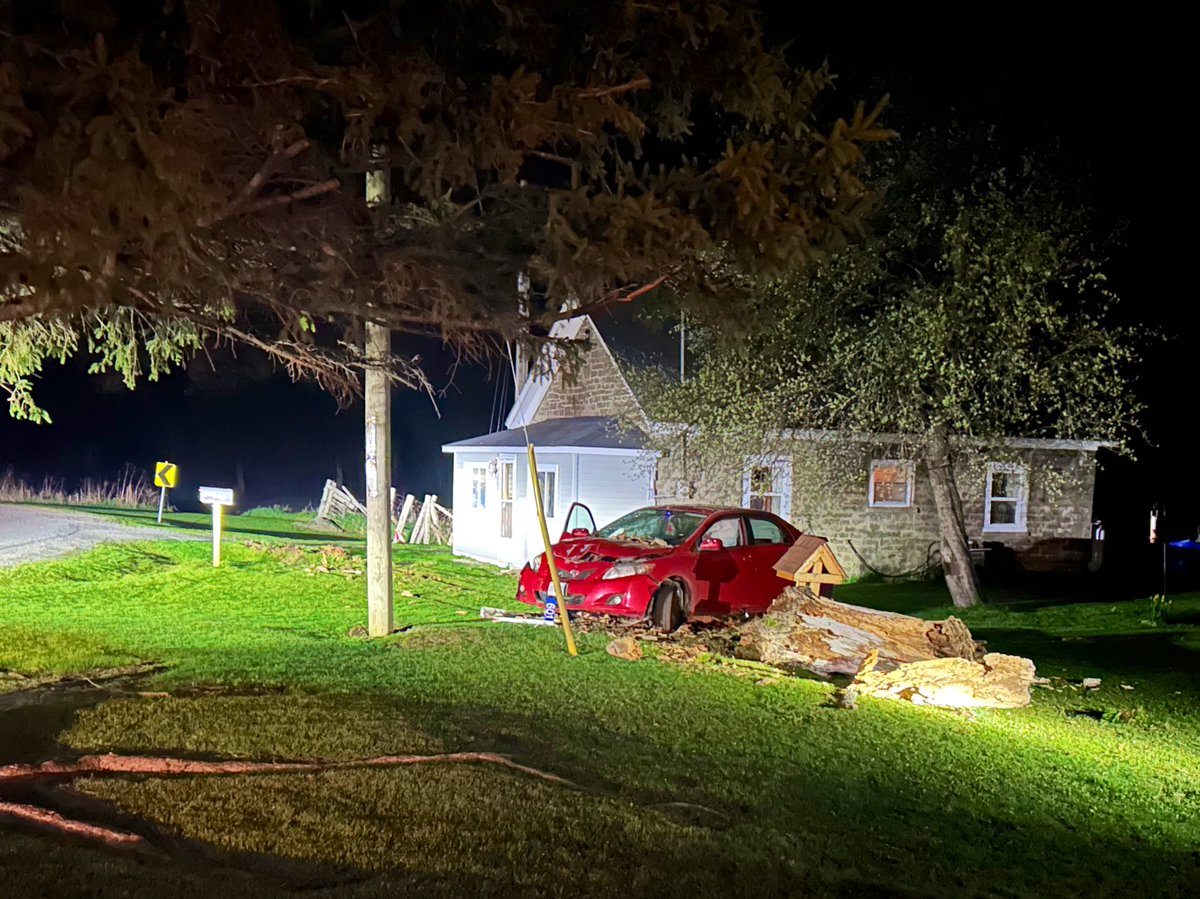 Single car collision on Froom Rd in @twpec last night at 11pm. Driver went off the road, hit a stump, narrowly missed a house - turns out never had a licence… arrested/charged by #GrenvilleOPP for #ImpairedDriving and other offences, click “ALT” for details. @maddcanada ^dh