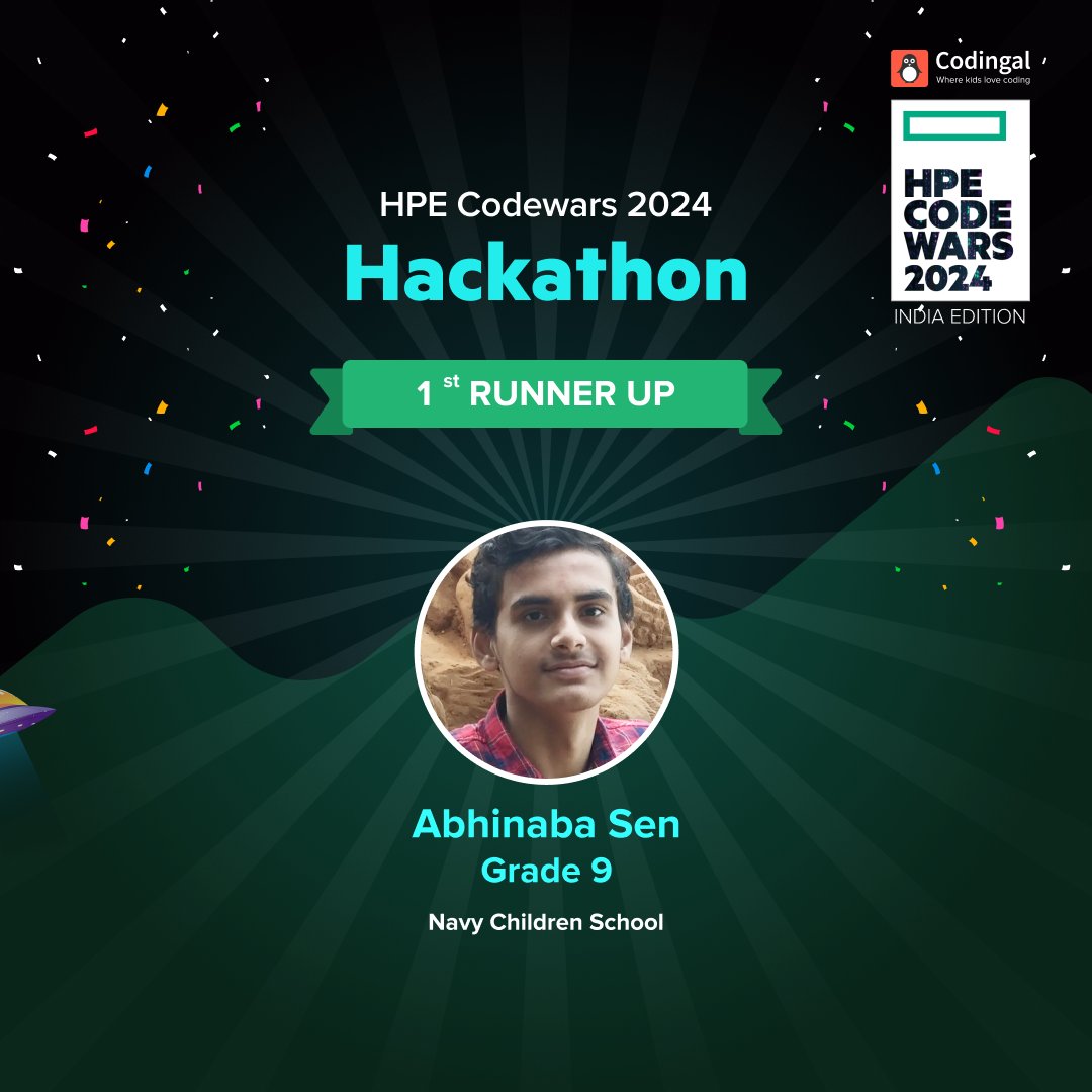 codingal's tweet image. Congratulations to the 1st runner up of HPE CodeWars- Hackathon 2024! 📷
We extend our heartfelt greetings to Abhinaba Sen from Navy Children School, Visakhapatnam
#hpecodewars2024  #codinghackathon #codingforkids #codingal #hackathonwinners