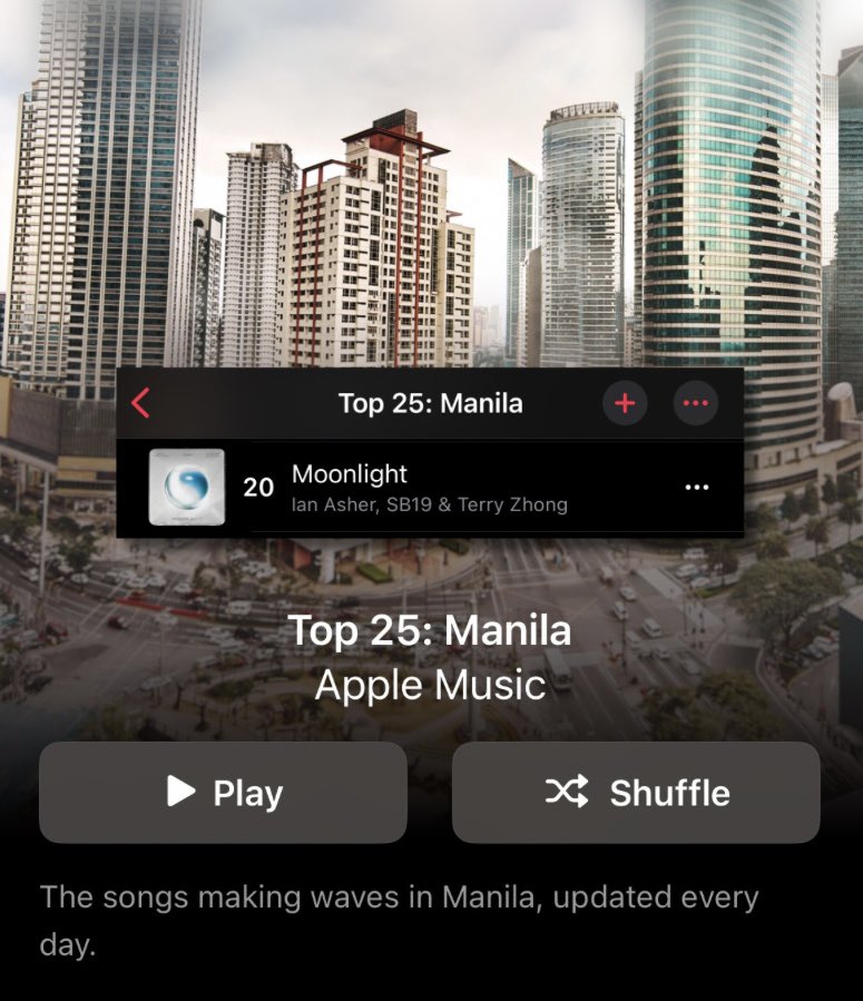 Moonlight by Ian Asher, SB19 & Terry Zhong made it to Top 25: Manila charts

🔗music.apple.com/ph/playlist/to…

Keep doing what we do, fam! Continue streaming and sharing the song to reach more casuals.

@SB19Official #SB19
#MOONLIGHTMVOutNow