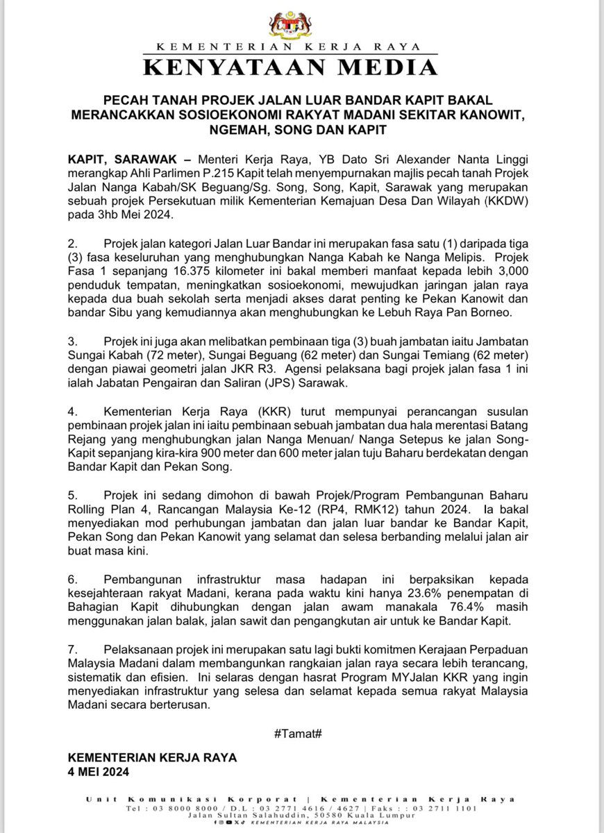 PROJEK JALAN LUAR BANDAR KAPIT, SARAWAK BAKAL MERANCAKKAN SOSIOEKONOMI RAKYAT SEKITAR KANOWIT, NGEMAH, SONG DAN KAPIT