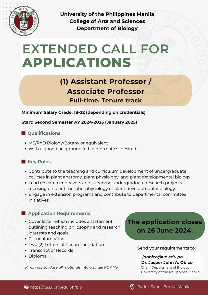 Two faculty openings remain at UP Manila Biology aka parang awa niyo na hindi kami nangangagat ems:

🐣 Vertebrate anatomy, physiology, and/or embryology, SG 18-22, open by August, due May 26

🪴 Plant anatomy, physiology, and/or embryology, SG 18-22, open by January, due June 26