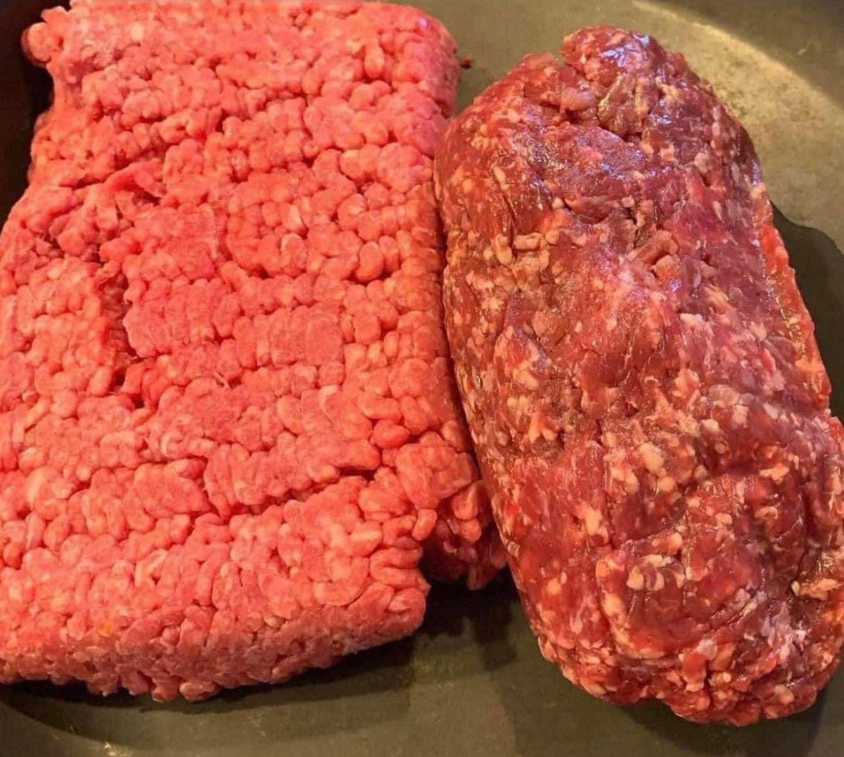 Know what you’re buying. This picture has store beef(left), and farm beef(right). There is an obvious visible difference between the two! But the differences don’t stop there! 1. You may notice in the picture the color difference. The store bought is pumped full of additives…