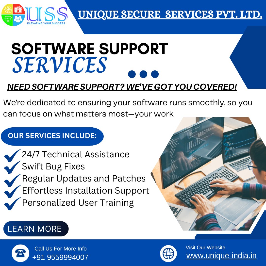 We provide 24/7 technical assistance, swift bug fixes, regular updates and patches, effortless installation support, and personalized user training.
#USSPL #uniquesecureservices #software #support #india #it #services #reliable #security
#stressfreetech #247support #bugfree