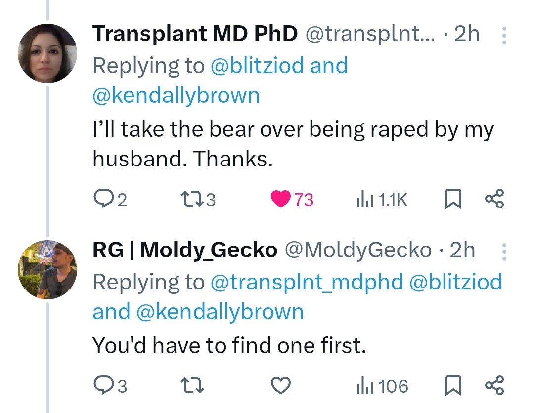 @MoldyGecko @transplnt_mdphd @blitziod @kendallybrown To be r*ped by. Again, your pic is in your profile, former marine, with you telling a woman she couldn't find a husband so she'd experience marital r*pe