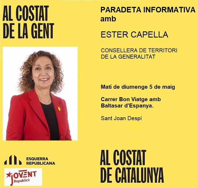 Demà, diumenge 5 de maig:

A partir de les 🕛 09 h, paradeta informativa al carrer Bon Viatge!

Comptarem amb la presència d'@estercapella, consellera de Territori de la 🏛 Generalitat.

Us hi esperem!

#AlCostatDeLaGent de #SantJoanDespí ! 

#AlCostatDeCatalunya!