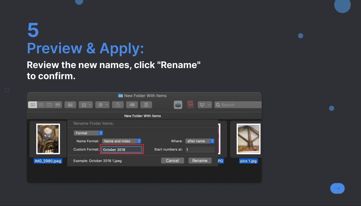 Nimblechapps's tweet image. Effortlessly manage your files on Mac with these simple steps: 

1. Find files in Finder.
2. Select files.
3. Right-click, choose Rename.
4. Pick format: replace, add, or format.
5. Preview &amp;amp; Apply.

#MacTip #FileManagement #Nimblechapps #MobileAppDevelopment #WebsiteDevelopment