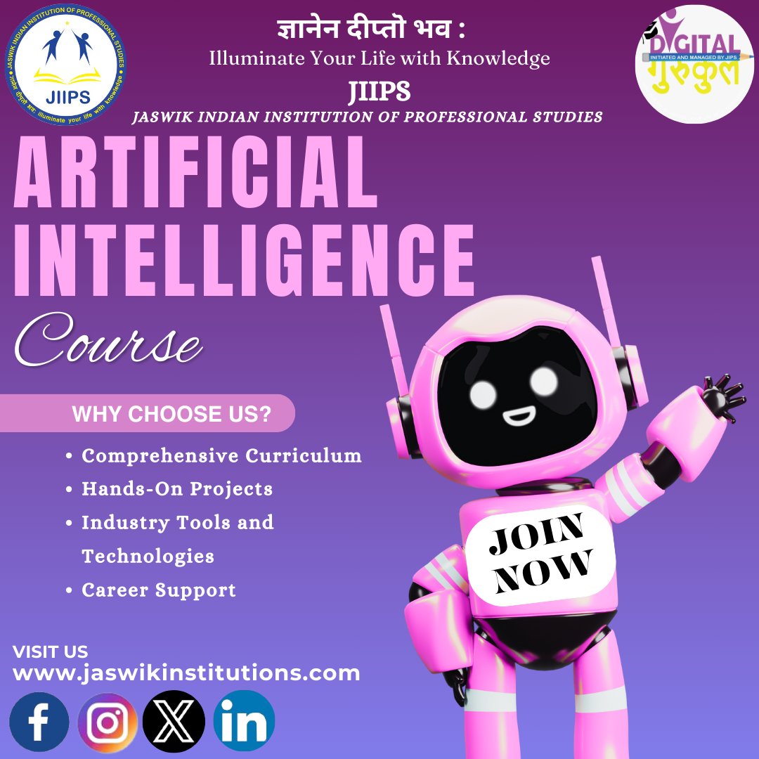 Master AI: Enroll in Our Comprehensive Artificial Intelligence Course Today! #jaswikindianinstitutionofprofessionalstudies #ArtificialIntelligence #AICourse #AIEducation #TechTraining #FutureTech #LearnAI #CareerDevelopment #digitalGurukul