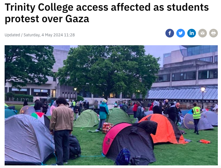 Two encampments in Dublin today.

One led by students protesting complicity in a US-funded, EU-assisted genocide, and one led by asylum seekers seeking refuge from war. Militarism abroad, walls at home, connected struggles.