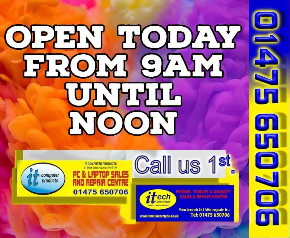 Open 9am until noon today. @ITComputerPro & @itechInverclyde Shore Street Gourock. #saturdaymorning #Gourock #Inverclyde #ChooseLocal #ScotlandLovesLocal