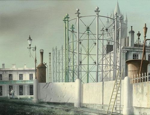 Félix Kelly (1919-1994) Another rarely heard of New Zealand artist,graphic designer, painter , stage designer and interior designer who spent most of his life in the UK . Sadly much of his work had been lost. Who doesn’t love a gas holder? Almost Surrealistic work