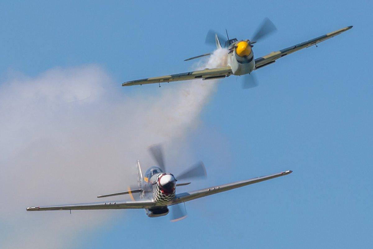 ‘Star Wars Day’ The ex-Fighter Aviation Engineering TF-51 Mustang ‘Contrary Mary’ chasing down the Aircraft Restoration Company Hispano Buchon ‘Yellow 10’ at Old Buckenham Airshow in 2023…⁦@OldBuckAirshow⁩ ⁦@I_W_M⁩