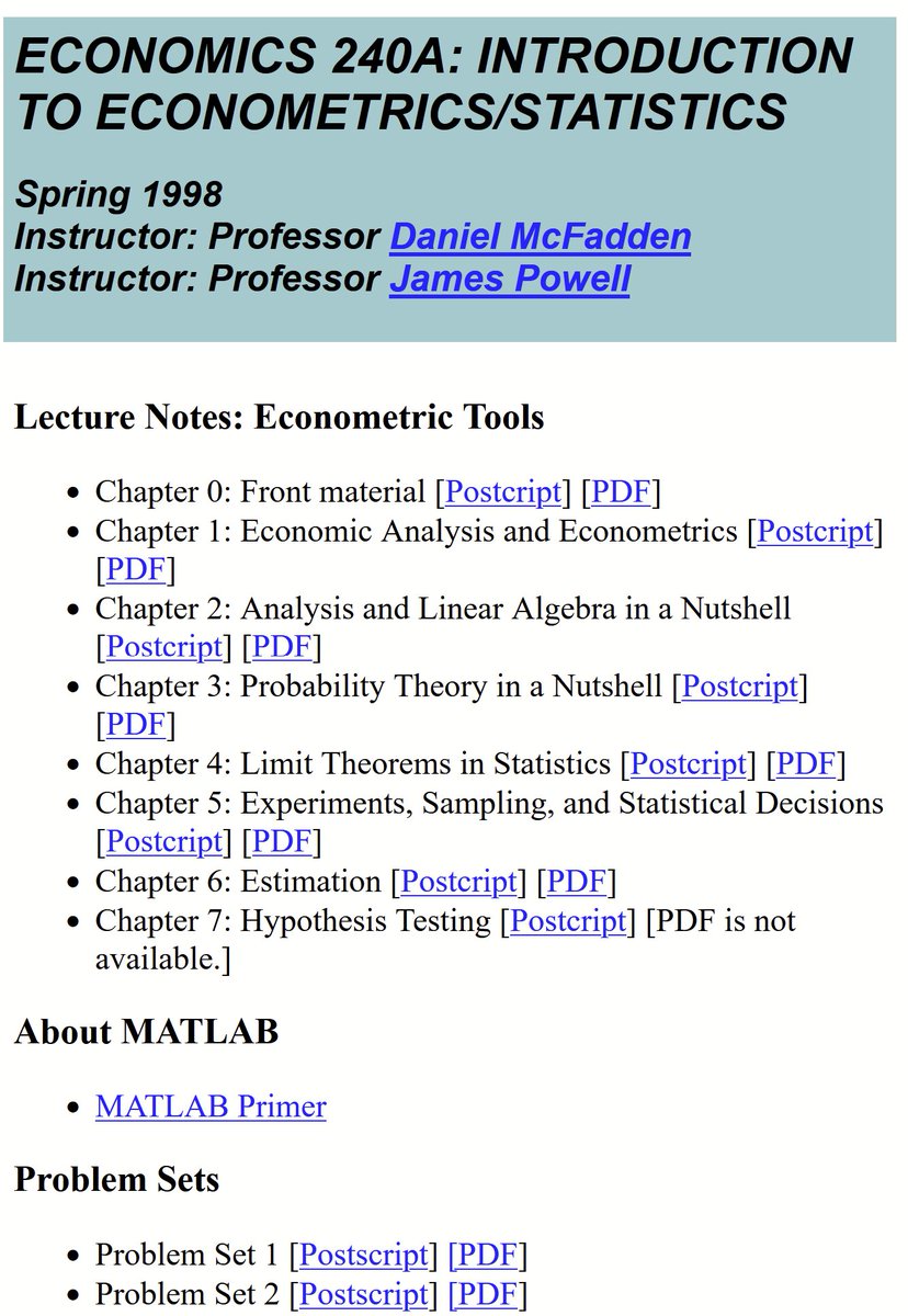 Hi #EconTwitter! 📈 Looking for introductory #econometrics and #statistics notes? Don't overlook the classics!🎓 This material from #economics Nobel Laureate Dan McFadden (@berkeley) and James Powell (@berkeley), though 25+ years old, remains *very* insightful.📚 Timeless