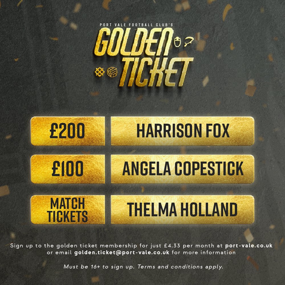 Congratulations to this week's Golden Ticket Winners! 🥇 Harrison Fox - £200 🥈 Angela Copestick - £100 🥉 Thelma Holland - 8 League Home Tickets Find out more about the Golden Ticket draw here - port-vale.co.uk/GoldenTicket