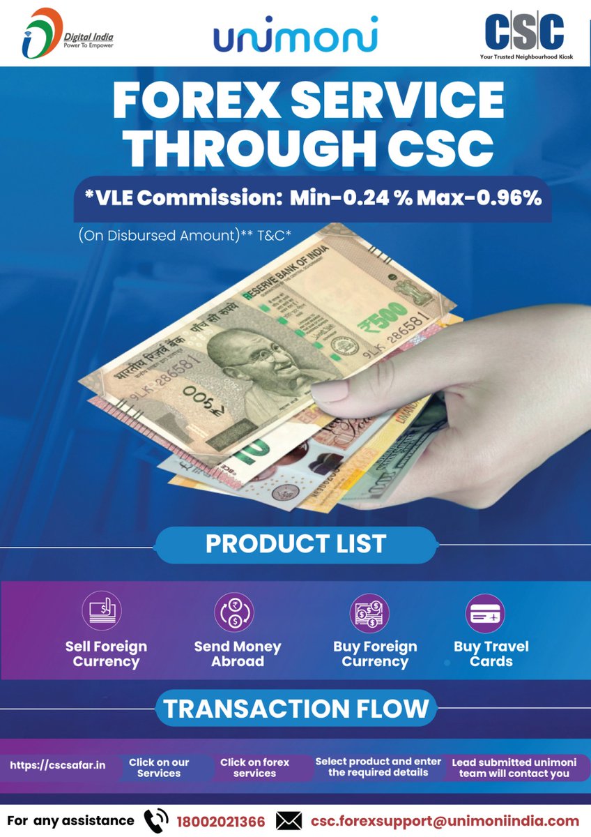 Forex Service through #CSC... Buy safe and hassle-free Travel Cards, Buy & Sell Foreign Currency, and Send Money Abroad. To login, visit cscsafar.in For any issue, contact csc.support@unimoniindia.com or call on 18002021366 #ForexService #UnimoniIndia #CSCSafar