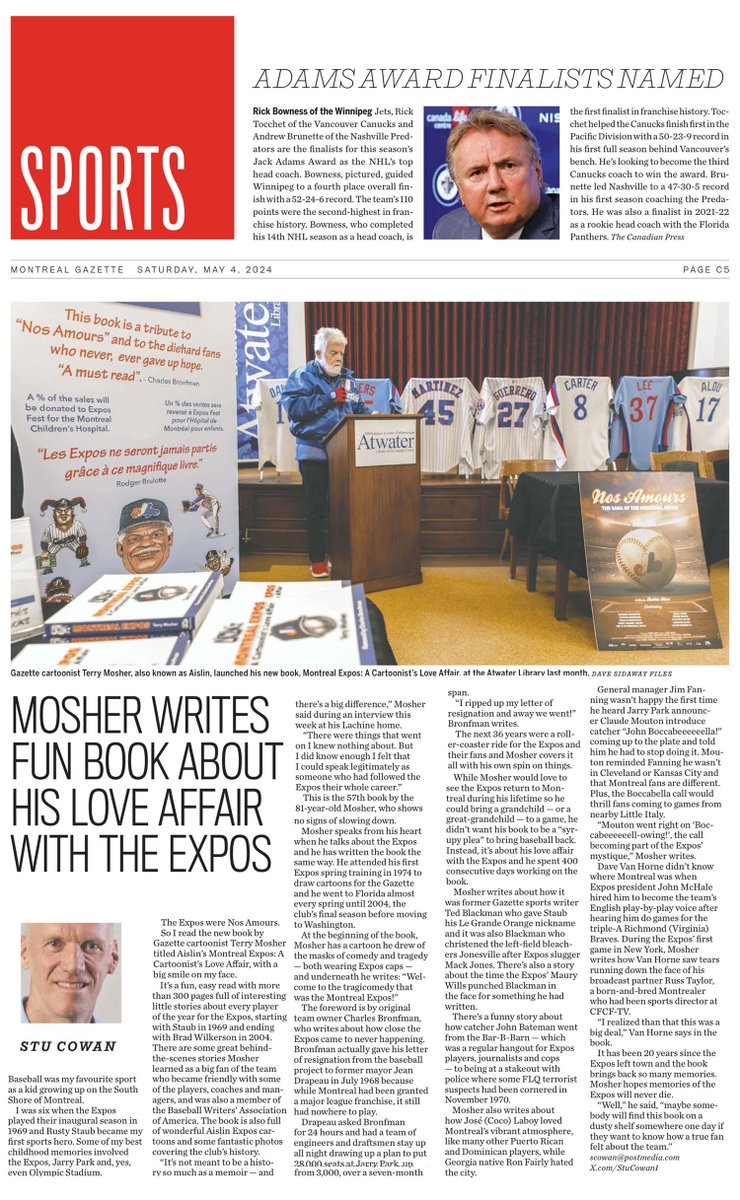 A review of my book in today's Gazette. It should be noted that I quoted Stu Cowan in this book along with the works of many other English and French sports writers, broadcasters and photographers who I admired during the 36-year history of the Expos.