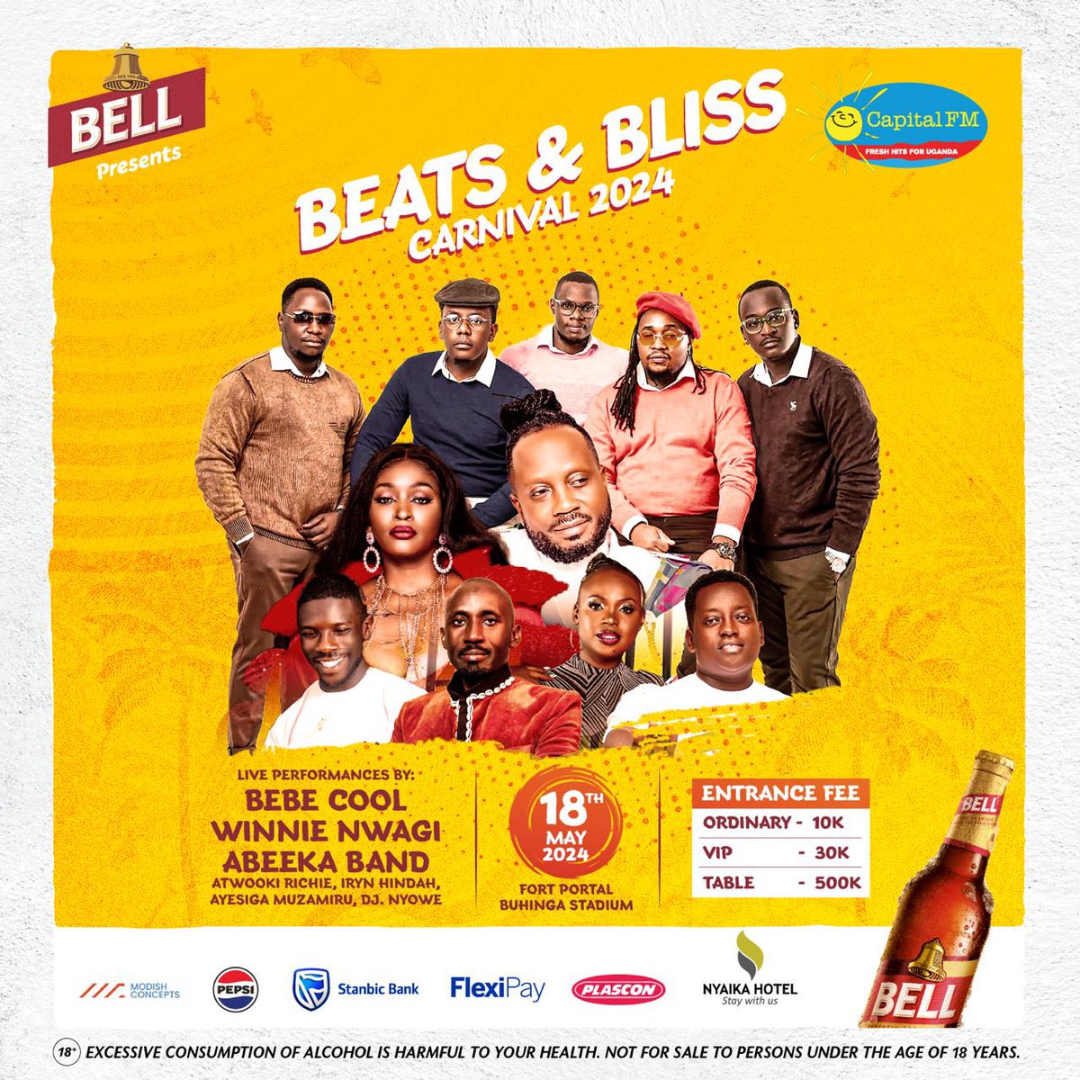 Get ready to groove at the Fortportal City Beat and Bliss Carnival on May 18th! 🎉🎶 Join Bebe Cool, Nwagi, Abeeka Band, Ayesiga Muzamiru, and your favorite @DjNyowe for an unforgettable celebration of culture & music. #FortportalCarnival #MusicFest #SaveTheDate @Bell_Lager
