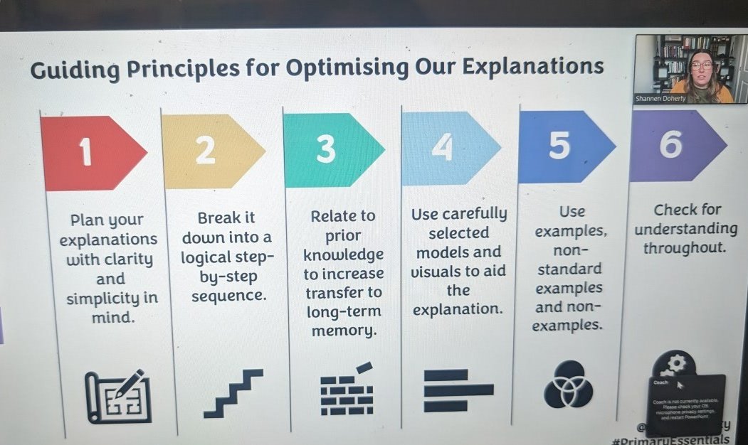 Love this break down of what effective explanations should look like! Always enjoy hearing @MissSDoherty speak. She's very wise! #PrimaryEssentials