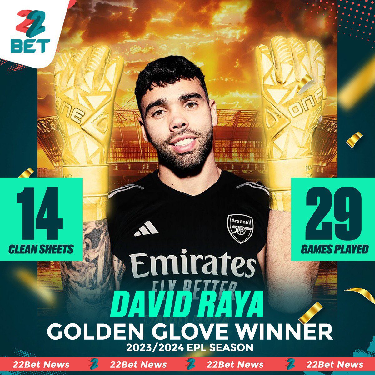 David #Raya is set to become the 2023/24 #PremierLeague Golden Glove 🧤 winner He will be the first #Arsenal keeper to win it in 8️⃣ years since Petr Čech 👏🏾 #22Bet #Bestodds #Switchto22Bet #Dundana22bet