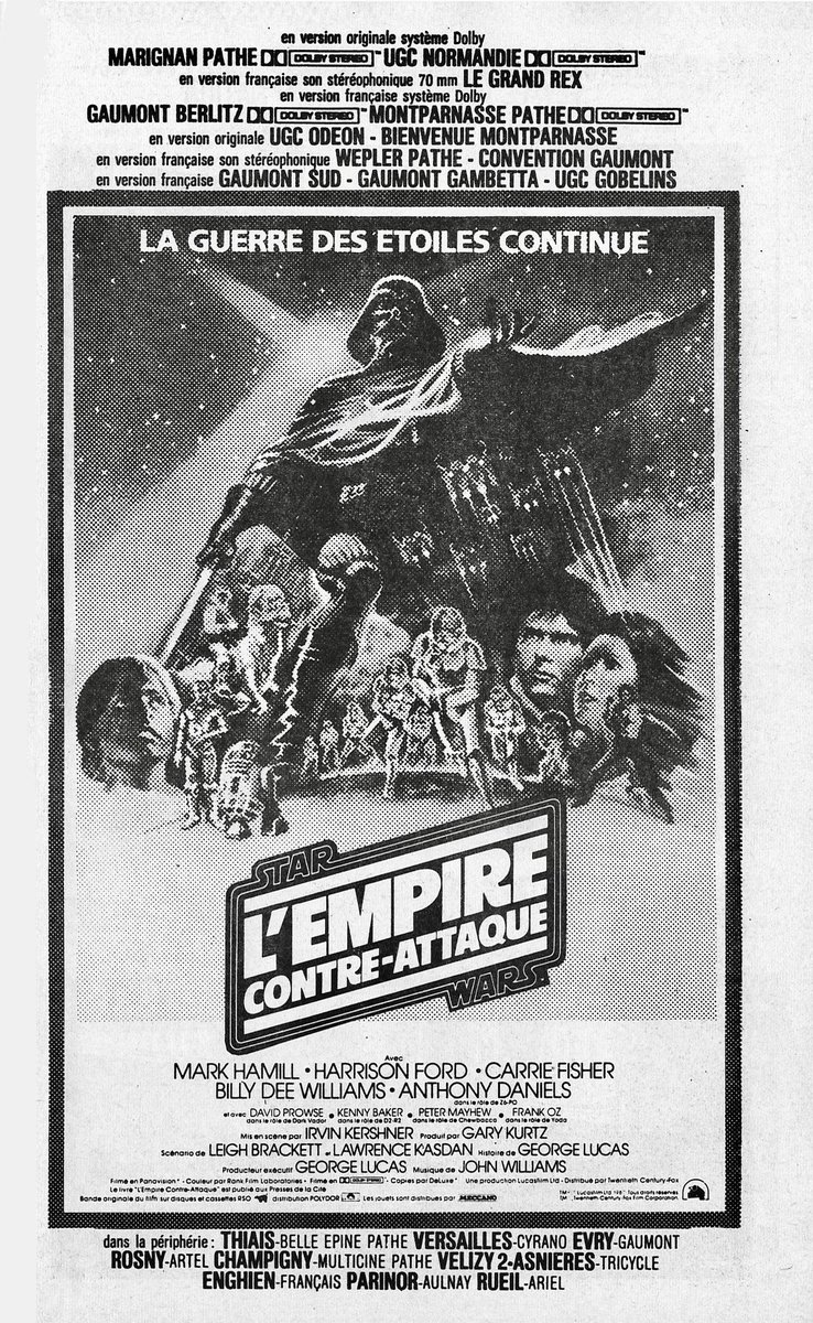 L’EMPIRE CONTRE-ATTAQUE (THE EMPIRE STRIKES BACK, Août 1980) fut le seul Star Wars de la trilogie originale à passer à l’UGC Normandie. Bizarrement, il n’y eut qu’une copie 70mm sur Paris, au Grand Rex en VF. #MayThe4thBeWithYou #MerciUGCNormandie #UGCNormandie #UGCCinemas