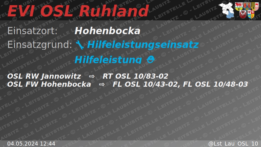 🚨 04.05.2024 12:44 🔧 ⛑ H:Hilfeleistung 🌐 Hohenbocka 🚒 ⇨ FW Hohenbocka wachalarm.leitstelle-lausitz.de/dbrd/91c26217-…