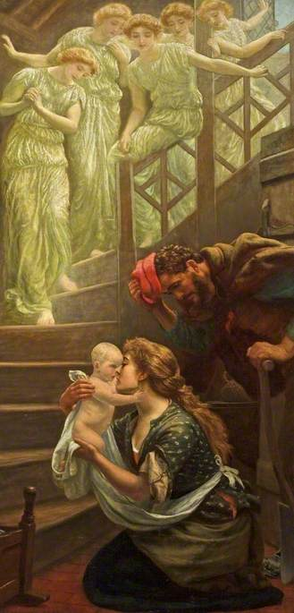 This is Arthur Hughes' stunning c.1887 painting, The Heavenly Stair!! The composition reminds me of Edward Burne-Jones' painting, The Golden Stairs!! #Art #fineart #19thcentury #Painting #Hughes #Victorian #Painter #Artist