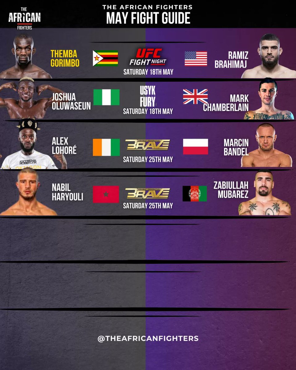 May Fight Guide is Here!!! The Motherland's finest are ready to rumble! Save the dates, Don't miss a Fight! Let's Go 🔥🔥 🔥 
#ufcvegas92
#bravecf82 #bravefc #bellatormma
#BellatorParis #bellatorchampionsseries #oktagon57 #oktamma #furyusyk #TheAfricanFighters #mayschedule