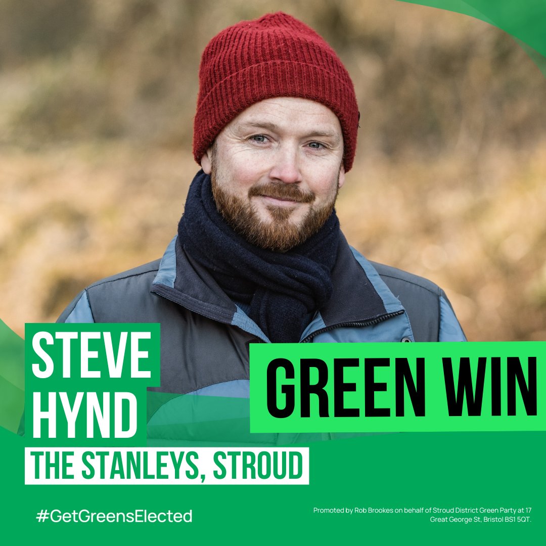 GREEN WIN in The Stanleys, Stroud. Congratulations to the brilliant Steve Hynd on holding your seat and gaining a partner in the ward! 🌱 💚 #GetGreensElected #LE2024 #LocalElections #Stroud