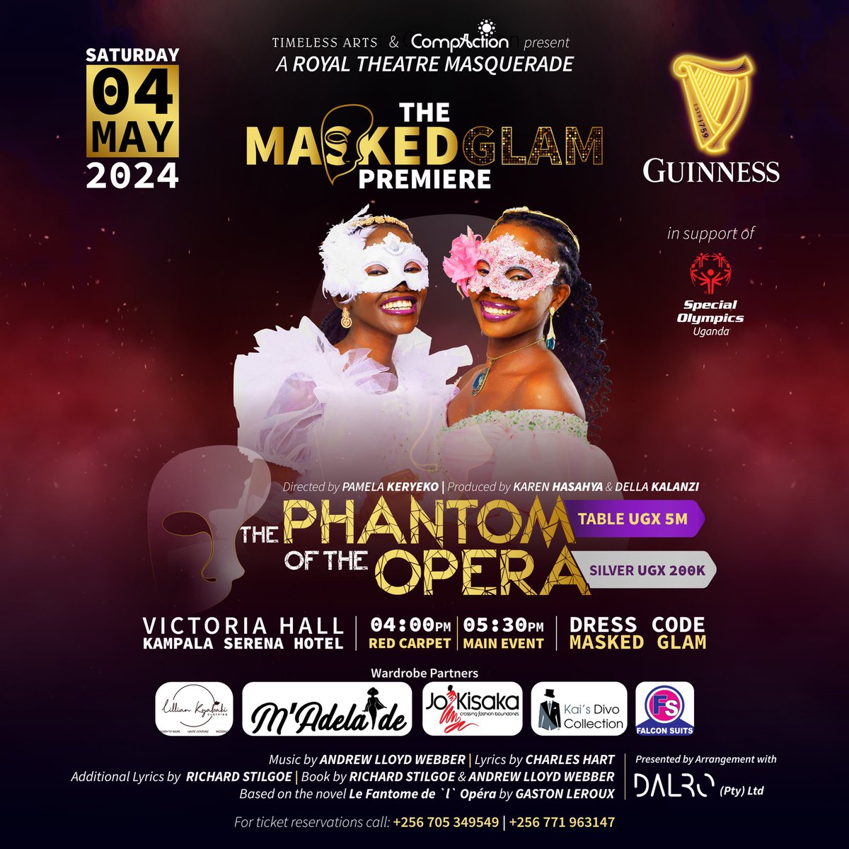 Tonight, @TimelessUg presents a theatrical #PHANTOM_OF_THE_OPERA at @kampalaserena 
Delicately directed by @KeryekoL and featuring a superbly selected cast. It's a red carpet affair with masked glamour 
200k silver 5m a table
Restoring the glory of theatre