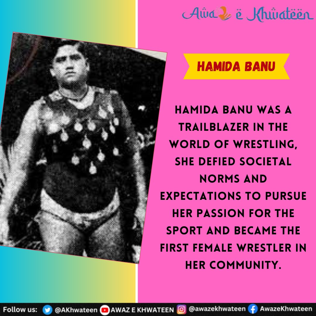 Breaking barriers and making history: Hamida Banu, the first female wrestler, inspires with her courage and resilience. 

 #WrestlingPioneer #Trailblazer #Empowerment 
#HamidaBanu #FirstFemaleWrestler #CourageousWomen #TrailblazingAthlete #Inspiration #WomenInSports