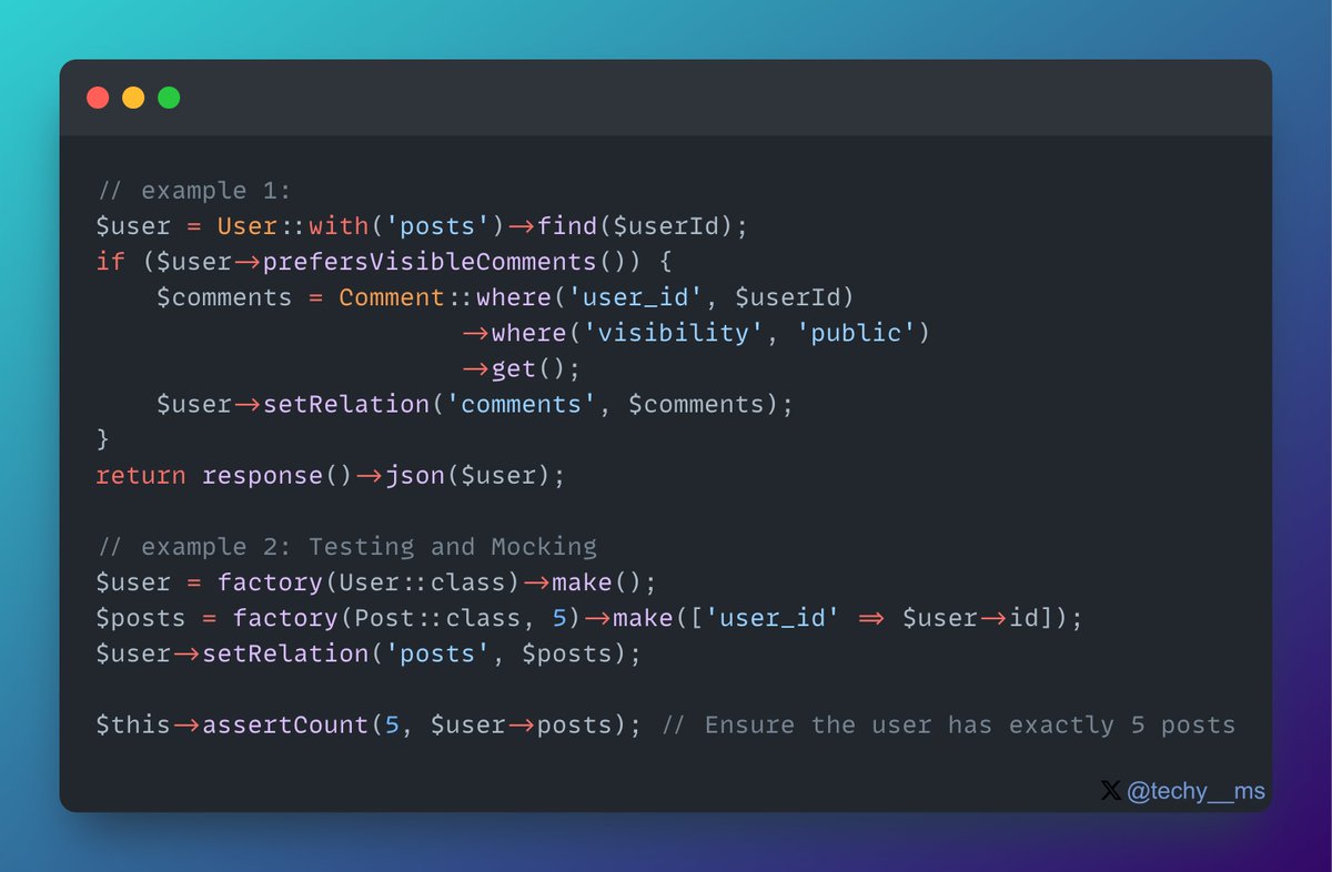 🚀 Laravel’s setRelation = Smarter Data Handling 🧑‍💻
Why just eager load when you can conditionally manage relationships in Laravel? Use setRelation for dynamic, efficient, and tailored data handling.

Hit follow for more quick tips!

#PHP #Laravel #LaravelTip #WebDev