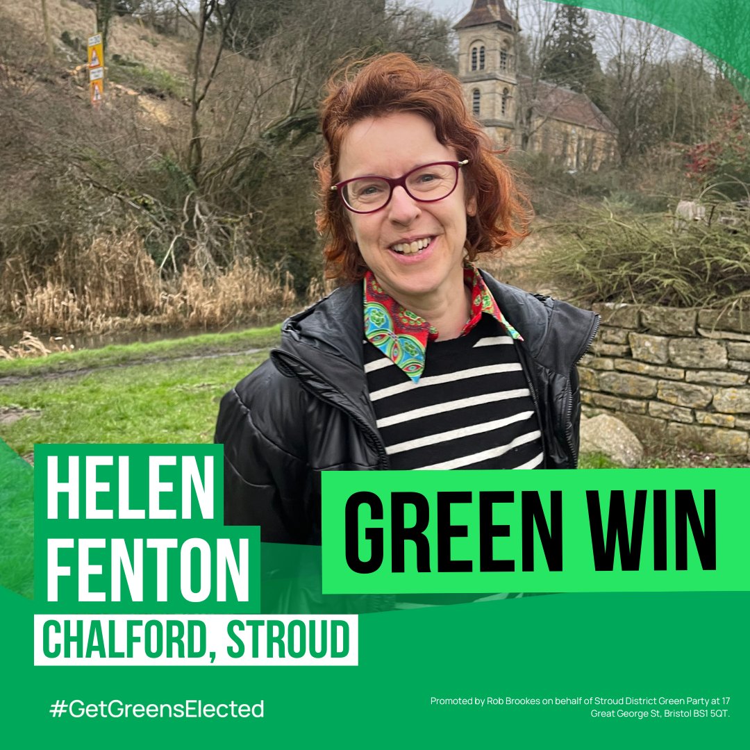 GREEN WIN in Chalford, Stroud. 

Congratulations to Helen Fenton for holding your seat, brilliant work! 🌱 💚 

#GetGreensElected #LE2024 #LocalElections #Stroud