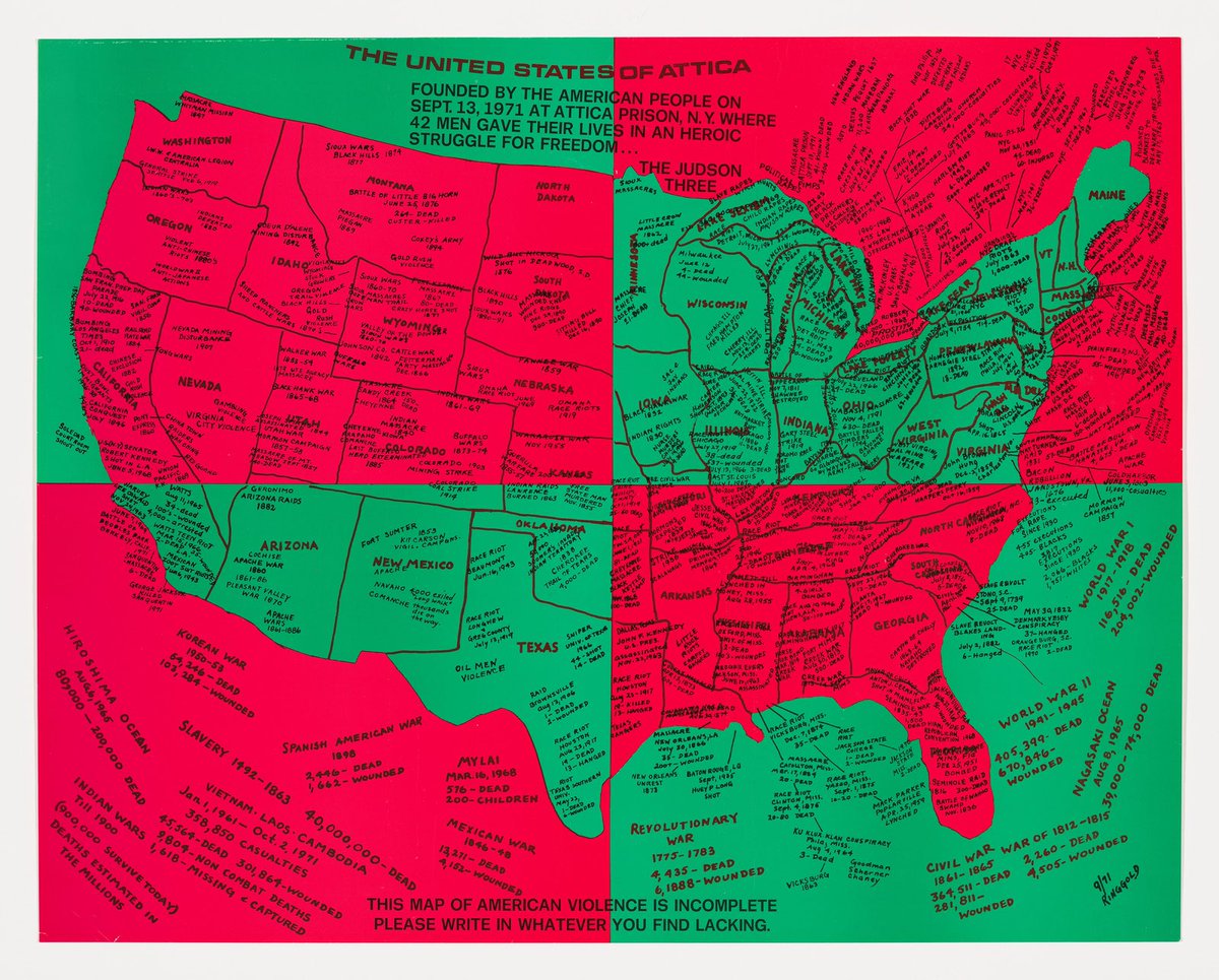 United States of Attica by Faith Ringgold (1972), a map detailing many Indigenous, slave, and immigrant uprisings in each state since the 1700s and dedicated to the men who died during the 1971 Attica prison riots in upstate NY.