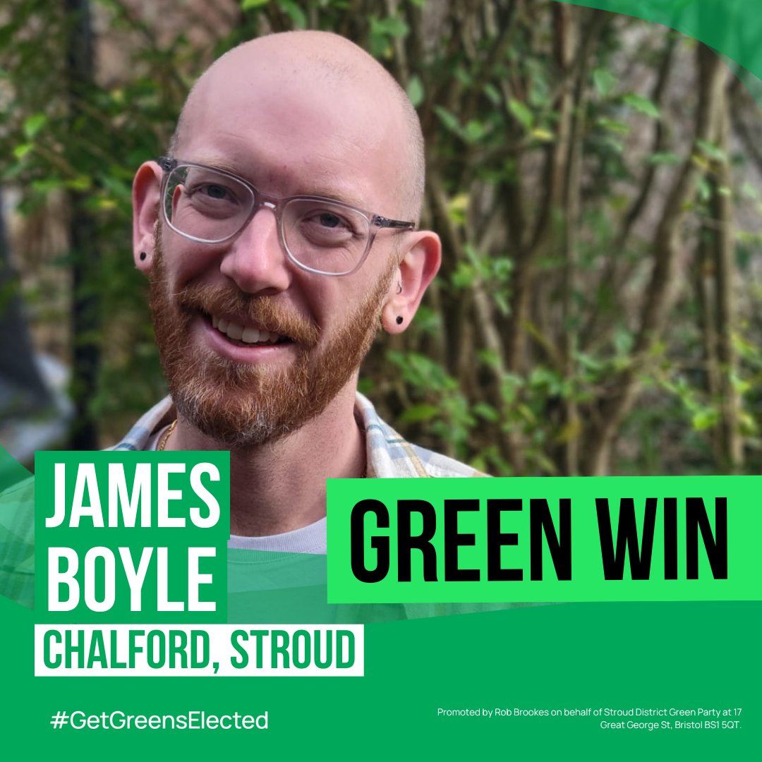 GREEN WIN in Chalford, Stroud. 

Welcome to James Boyle! 🌱 💚 

#GetGreensElected #LE2024 #LocalElections #Stroud