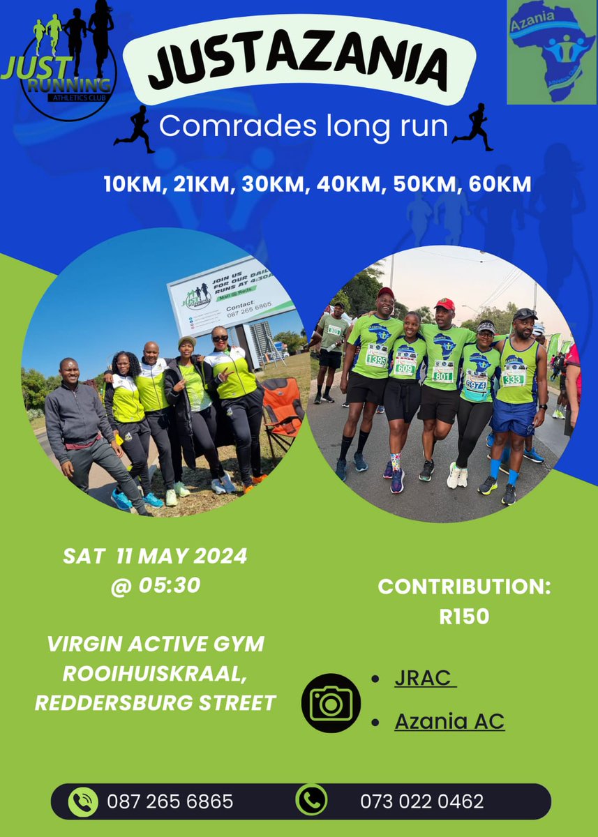 JRAC & Azania AC are excited to be hosting a training run on the 11th of May.

Contribution: R150 (covers support & refreshments post-run).

All are welcome, details are on the poster.

entryninja.com/events/80518-j…

#FetchYourBody2024 #TrapnLos
#RunningWithSoleAC #IPaintedMyRun