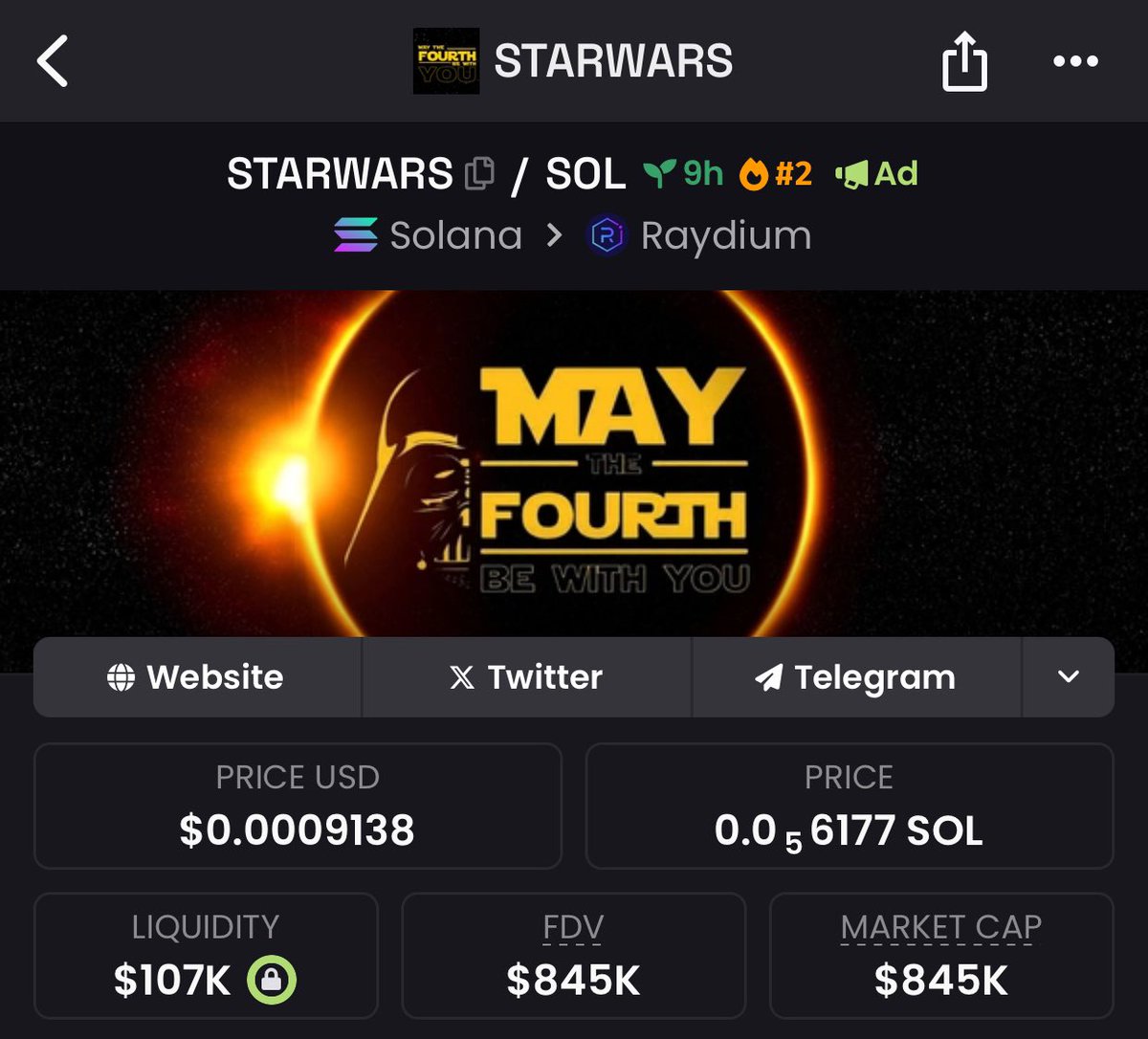 <a href="/Starwarsonsol/">$STARWARS ON SOL</a> 

Lets see how this plays out, can see it getting attention on <a href="/x/">X</a> , currently at 800k MC 

Chart seem to be forming in a nice way

Ca : ELe8irPCVuqFQ3fuebeHuJVDbjsSrSu9UPd5fYremkEa