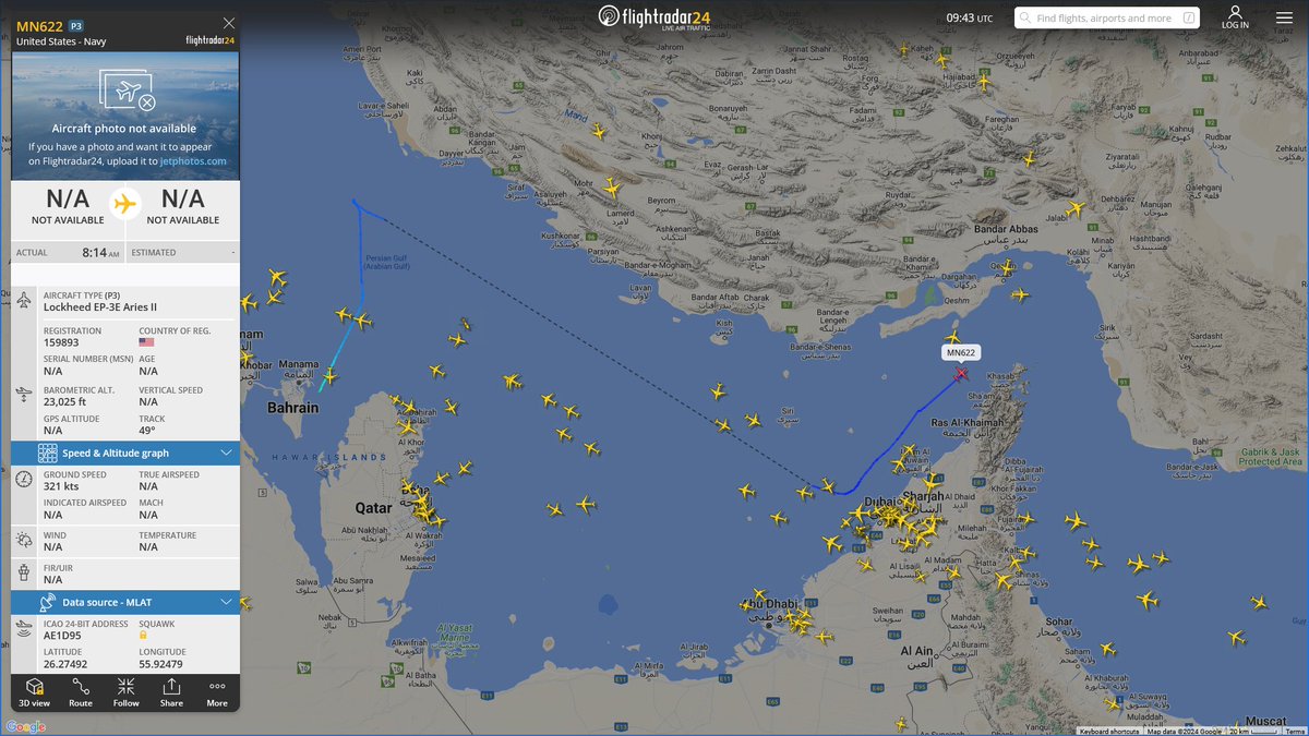 AIYeyENGDdJkjTr's tweet photo. May 4, 2024
#Isa Air Base #Strait of Hormuz
#MN622 #AE1D95 USN EP-3E Aries II https://t.co/uaIwP46Rmu