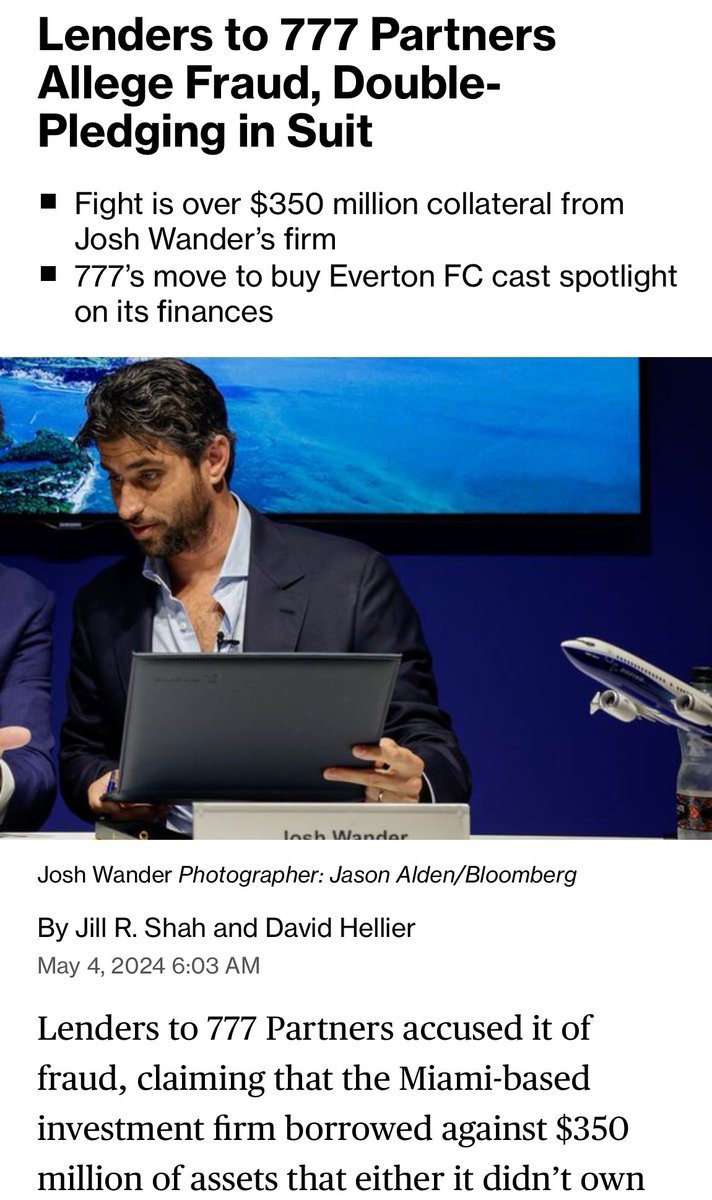 Major fraud claim against prospective Everton owners 777 filed last night. Story on Bloomberg. Leadenhall, London based co, claims 777 borrowed $350m by pledging assets that it either didn’t own, or didn’t exist. (E.g. borrowing $$$ against a home that you don’t own)