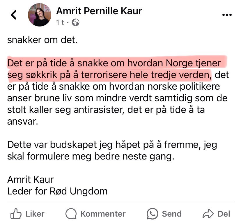 Norge terroriserer visstnok «hele den tredje verden» og blir søkkrike på det, ifølge den rabiate lederen for Rød Ungdom.

Det er litt av en salve.