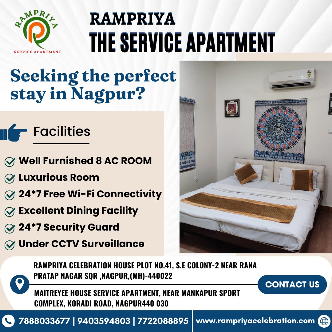 Seeking the perfect stay in Nagpur? Look no further! Welcome to Rampriya, where comfort meets convenience. 📷📷
.
.
#Rampriya #ServiceApartment #PerfectStay #NagpurDiaries #viralpost #nagpur #nagpurcity #rampriyaservices