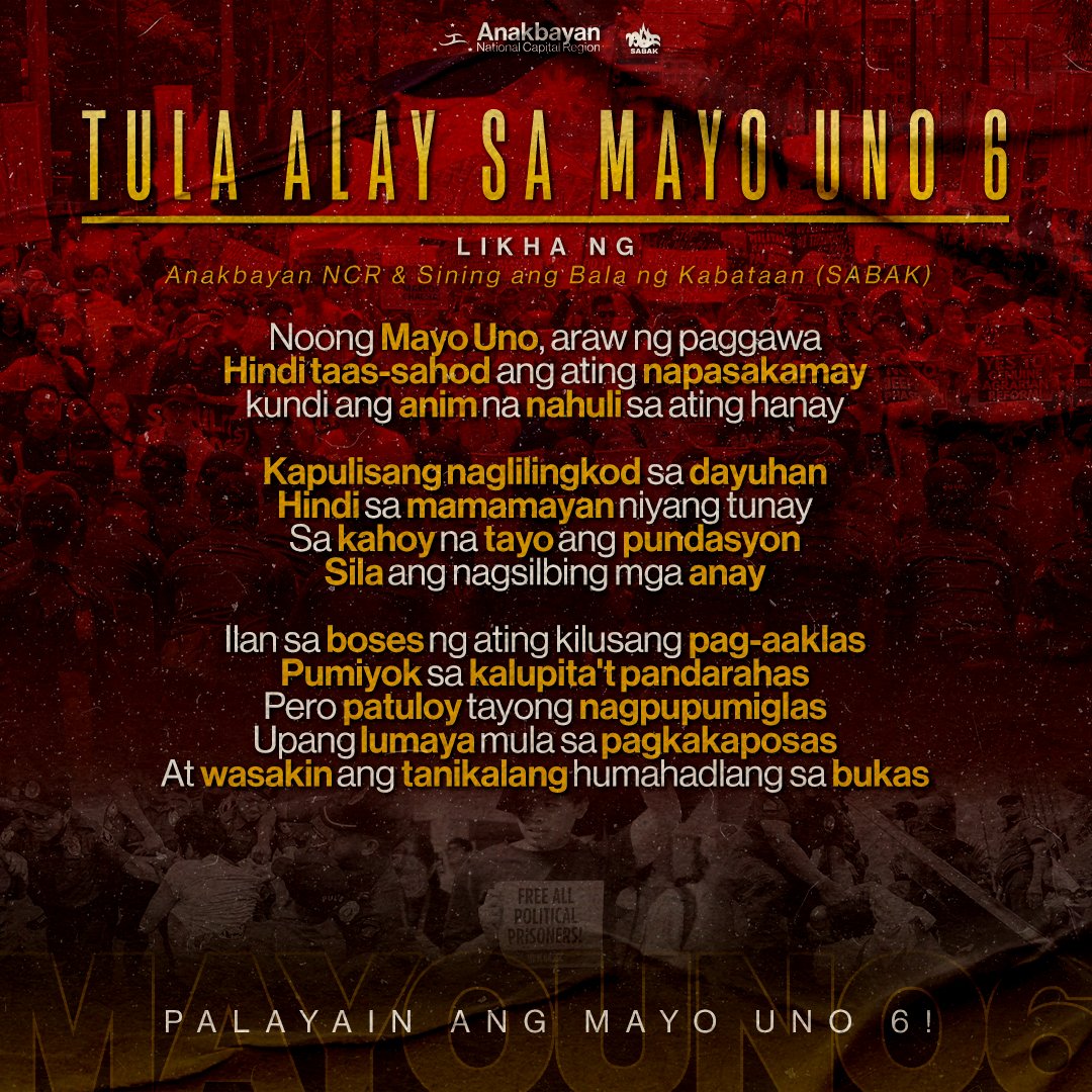 Kami at ang Sining Ang Bala ng Kabataan (SABAK) ay lumikha ng isang tula bilang pakiisa sa mga kasalukuyang piniit ng estado noong pagkilos ng Mayo Uno.

Aming panawagan: PALAYAIN ANG MAYO UNO 6!

#ReleaseMayoUno6