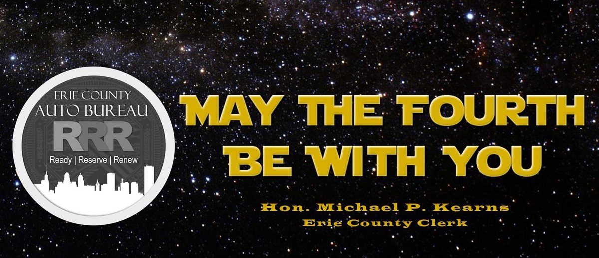 Take time to renew your vehicle registration in a galaxy closer to home!

Join the Alliance and #RenewLocal- don't send your registration renewal through cyberspace!

Learn more at renewlocal.erie.gov 

#MayThe4thBeWithYou | #StarWarsDay