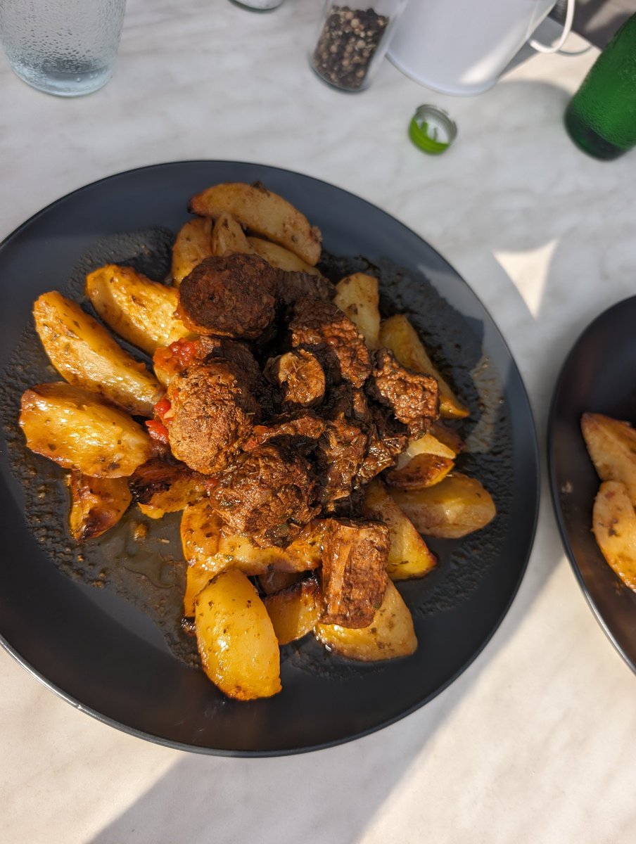Oven baked lemon potatoes with a beef casserole. #greekfood #notgyros