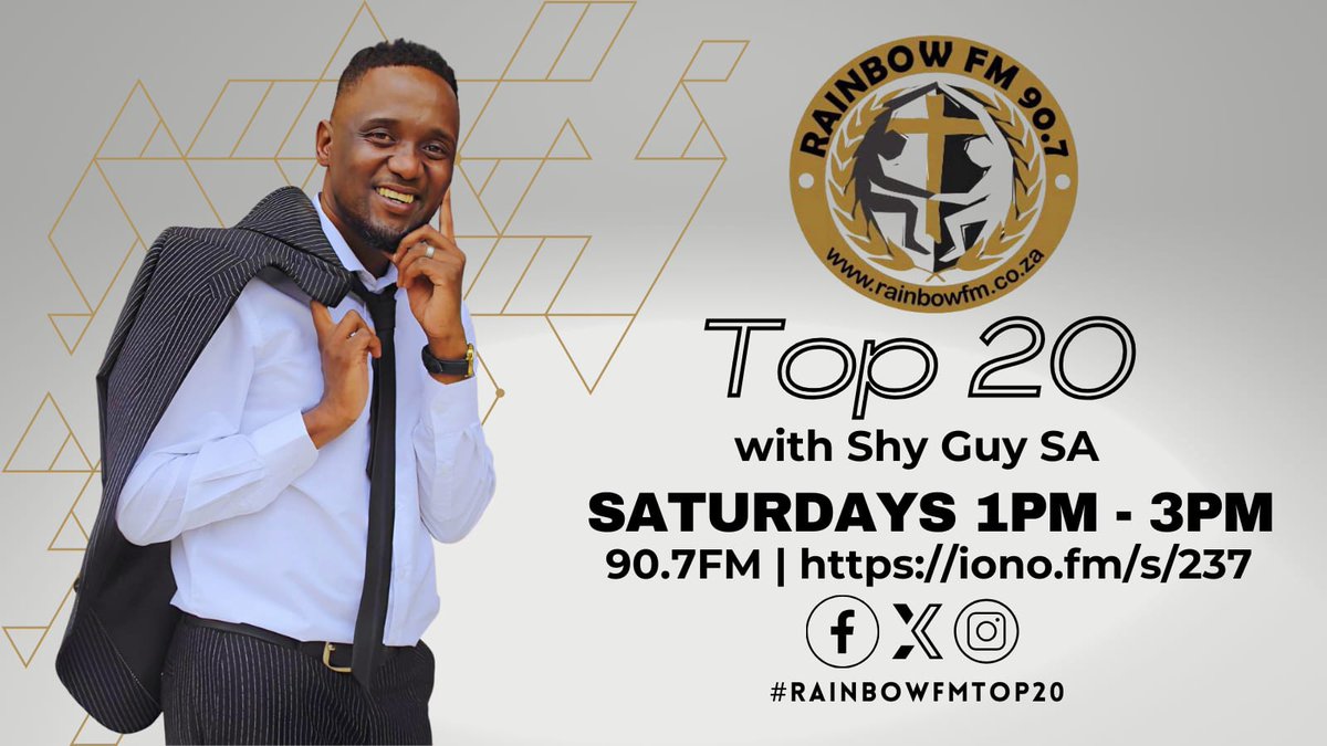 🎙️ Welcome back to another week of the @RainbowFMTop20 as the charismatic @ShyGuySA brings you the Top 20 hits with a sprinkle of faith! 🙏🎶 #ChristianRadio #RainbowFMTop20 #MusicFaithFusion