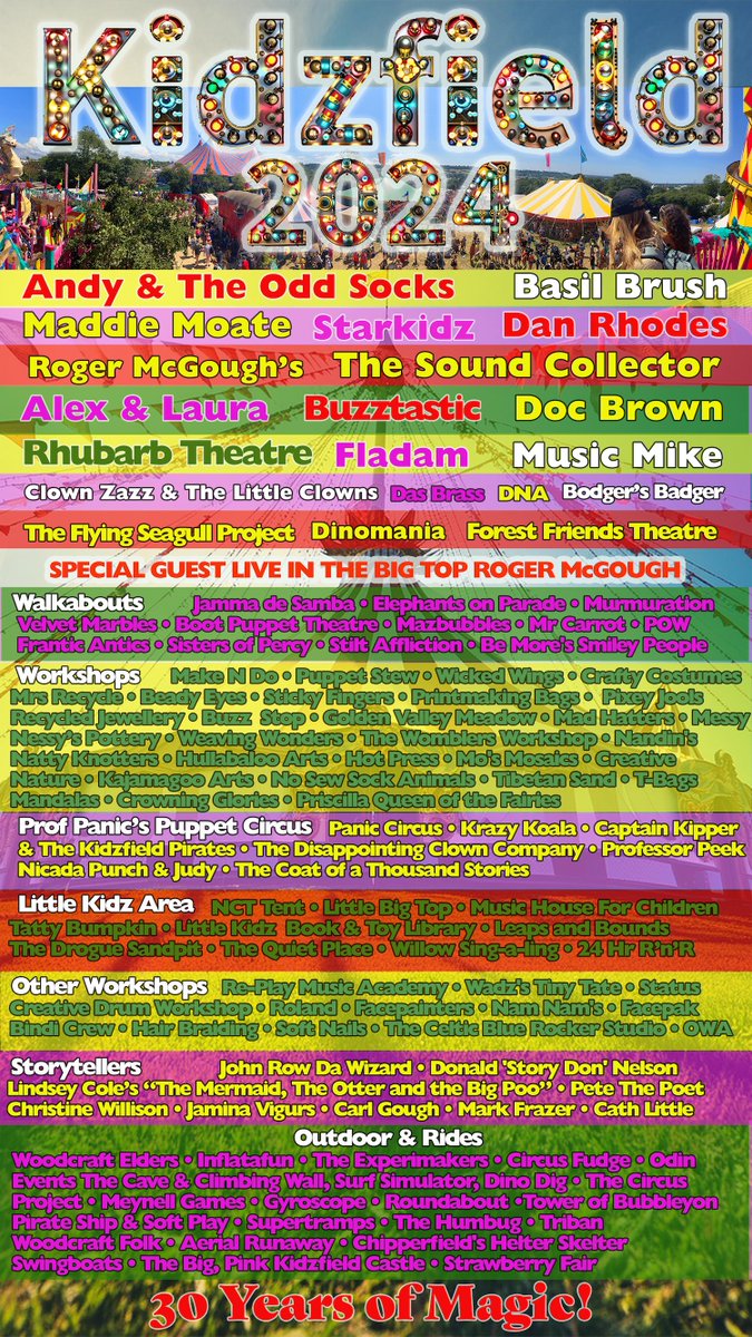 Here is the @kidzfield's wonderful line-up for children & families for Glastonbury 2024, as they celebrate 30 years at the Festival!