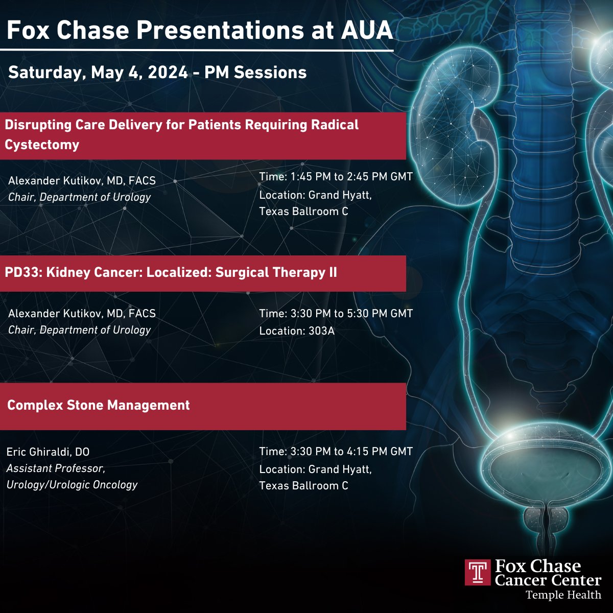 Fox Chase presentations at #AUA24 happening this morning and afternoon! Hear from @Robert_Uzzo, MD, MBA, FACS, President and CEO; Alexander Kutikov, MD, FACS (@uretericbud); and Eric Ghiraldi, DO (@Ghiraldi_EM) ⬇️